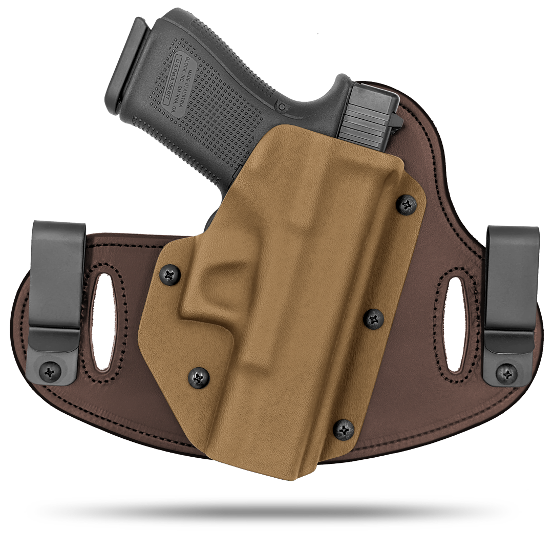 Double Clip holster can be worn inside the waistband (IWB) or outside the waistband (OWB) with a strong Kydex plastic shell and a comfy Amish made leather backer, from Hidden Hybrid Holsters.