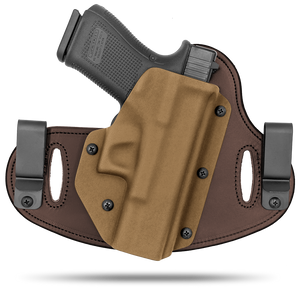 Double Clip holster can be worn inside the waistband (IWB) or outside the waistband (OWB) with a strong Kydex plastic shell and a comfy Amish made leather backer, from Hidden Hybrid Holsters.