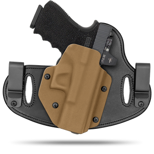 Hidden Hybrid Holsters, 2 Clip Holster, cut for a slide mounted optic, made with Amish leather for comfort on the back side of the holster and form fitting, molded kydex polymer on the front for great retention.