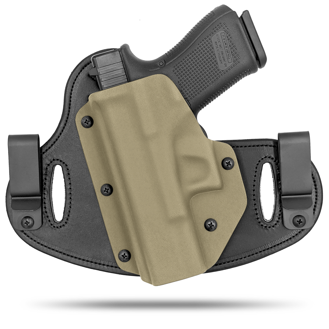 Double Clip holster can be worn inside the waistband (IWB) or outside the waistband (OWB) with a strong Kydex plastic shell and a comfy Amish made leather backer, from Hidden Hybrid Holsters.