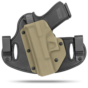 Double Clip holster can be worn inside the waistband (IWB) or outside the waistband (OWB) with a strong Kydex plastic shell and a comfy Amish made leather backer, from Hidden Hybrid Holsters.