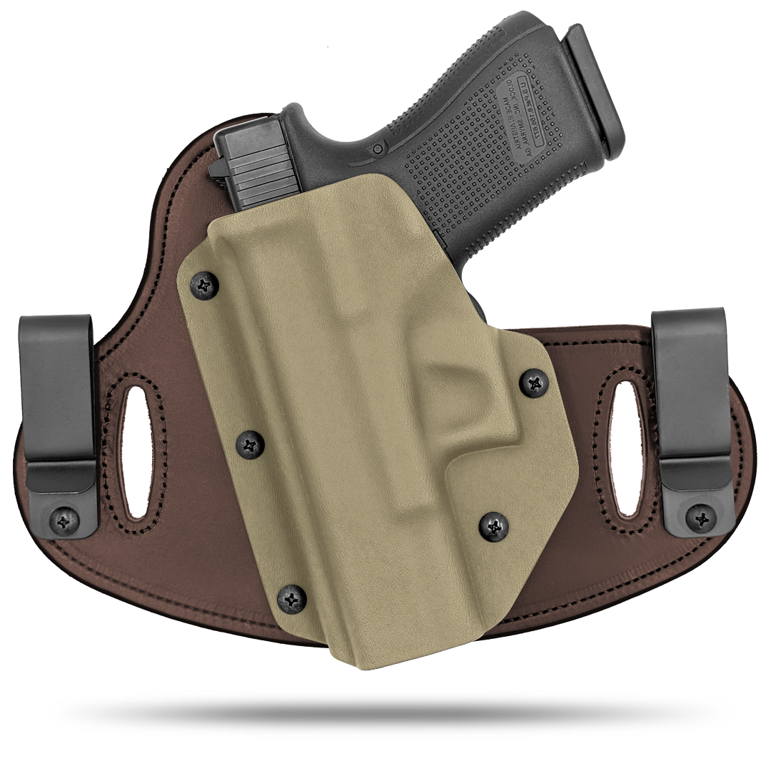 Double Clip holster can be worn inside the waistband (IWB) or outside the waistband (OWB) with a strong Kydex plastic shell and a comfy Amish made leather backer, from Hidden Hybrid Holsters.