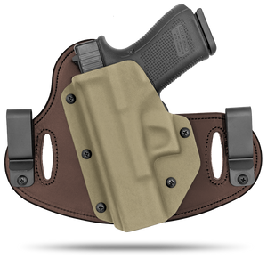 Double Clip holster can be worn inside the waistband (IWB) or outside the waistband (OWB) with a strong Kydex plastic shell and a comfy Amish made leather backer, from Hidden Hybrid Holsters.