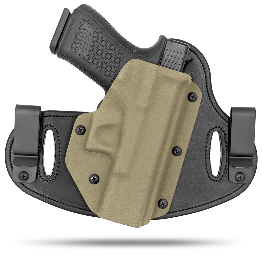 Double Clip holster can be worn inside the waistband (IWB) or outside the waistband (OWB) with a strong Kydex plastic shell and a comfy Amish made leather backer, from Hidden Hybrid Holsters.