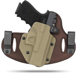 Hidden Hybrid Holsters, 2 Clip Holster, cut for a slide mounted optic, made with Amish leather for comfort on the back side of the holster and form fitting, molded kydex polymer on the front for great retention.