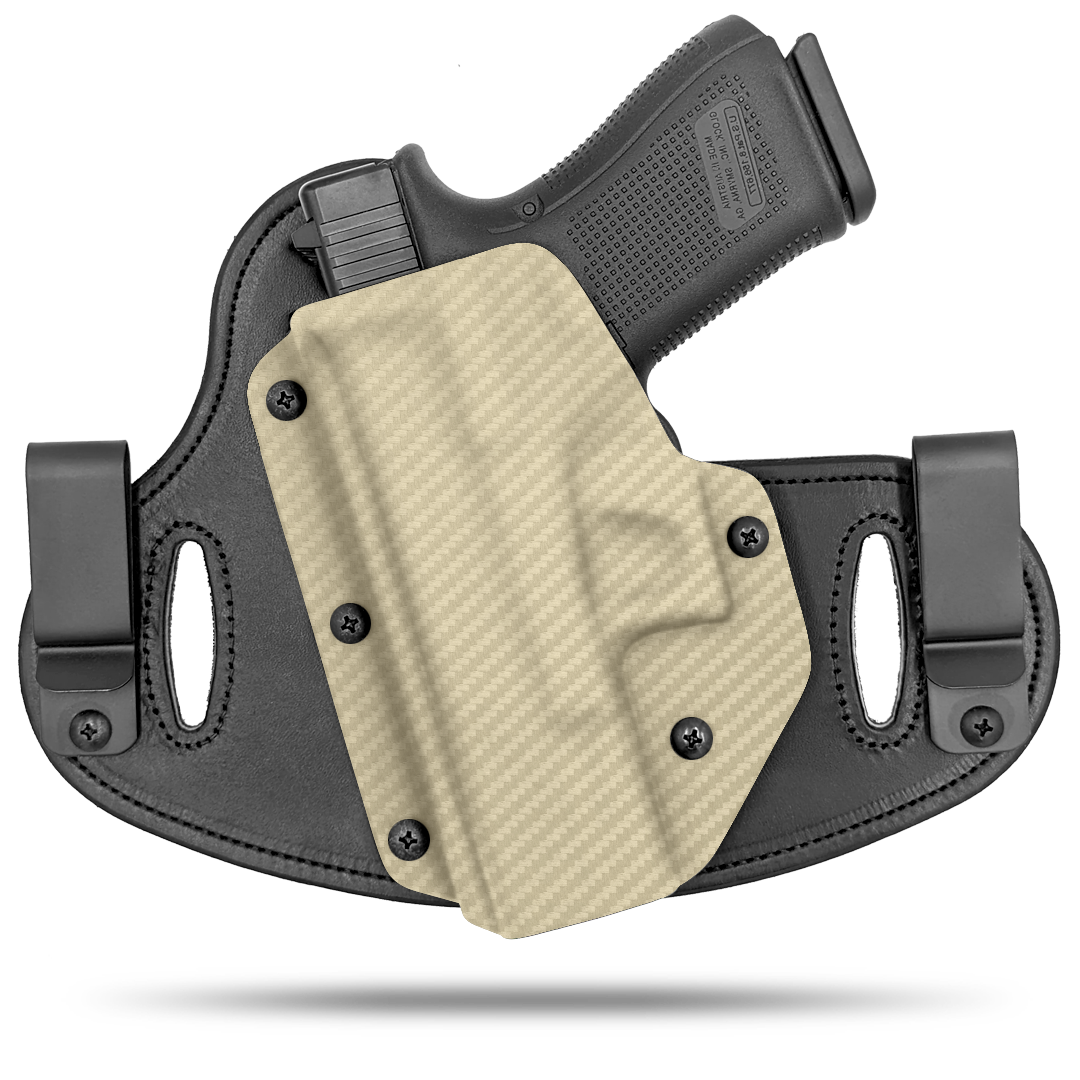 Double Clip holster can be worn inside the waistband (IWB) or outside the waistband (OWB) with a strong Kydex plastic shell and a comfy Amish made leather backer, from Hidden Hybrid Holsters. left hand