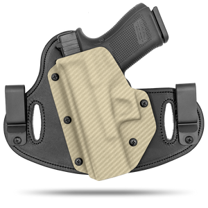 Double Clip holster can be worn inside the waistband (IWB) or outside the waistband (OWB) with a strong Kydex plastic shell and a comfy Amish made leather backer, from Hidden Hybrid Holsters. left hand