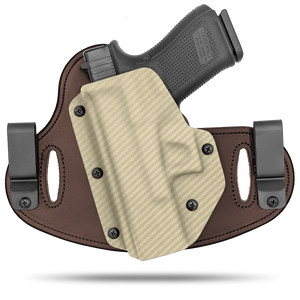 Double Clip holster can be worn inside the waistband (IWB) or outside the waistband (OWB) with a strong Kydex plastic shell and a comfy Amish made leather backer, from Hidden Hybrid Holsters. left hand