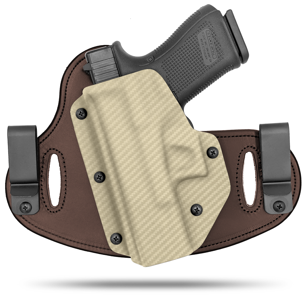 Double Clip holster can be worn inside the waistband (IWB) or outside the waistband (OWB) with a strong Kydex plastic shell and a comfy Amish made leather backer, from Hidden Hybrid Holsters. left hand