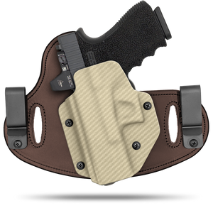 Hidden Hybrid Holsters, 2 Clip Holster, cut for a slide mounted optic, made with Amish leather for comfort on the back side of the holster and form fitting, molded kydex polymer on the front for great retention.