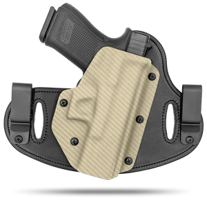 Double Clip holster can be worn inside the waistband (IWB) or outside the waistband (OWB) with a strong Kydex plastic shell and a comfy Amish made leather backer, from Hidden Hybrid Holsters.