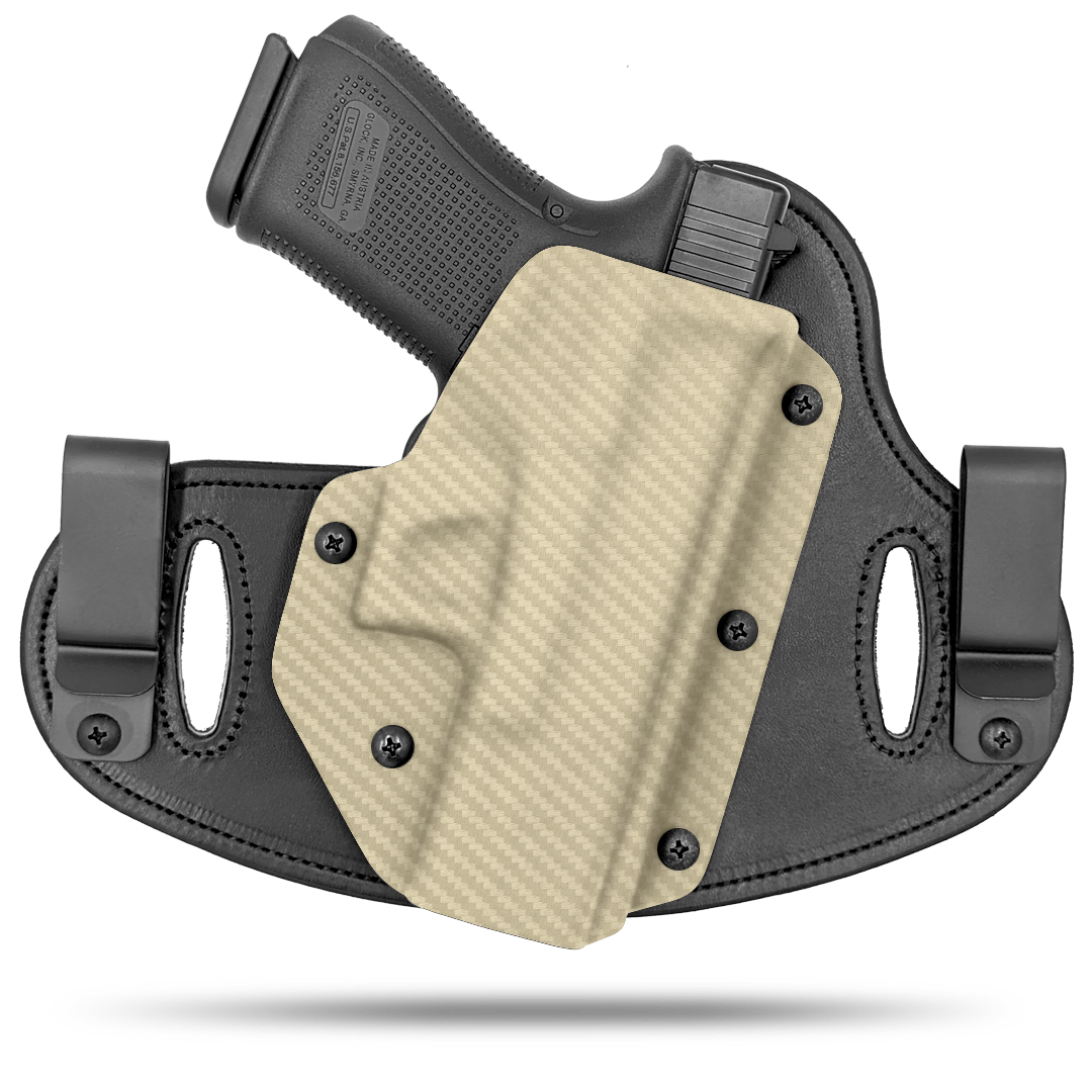 Double Clip holster can be worn inside the waistband (IWB) or outside the waistband (OWB) with a strong Kydex plastic shell and a comfy Amish made leather backer, from Hidden Hybrid Holsters.