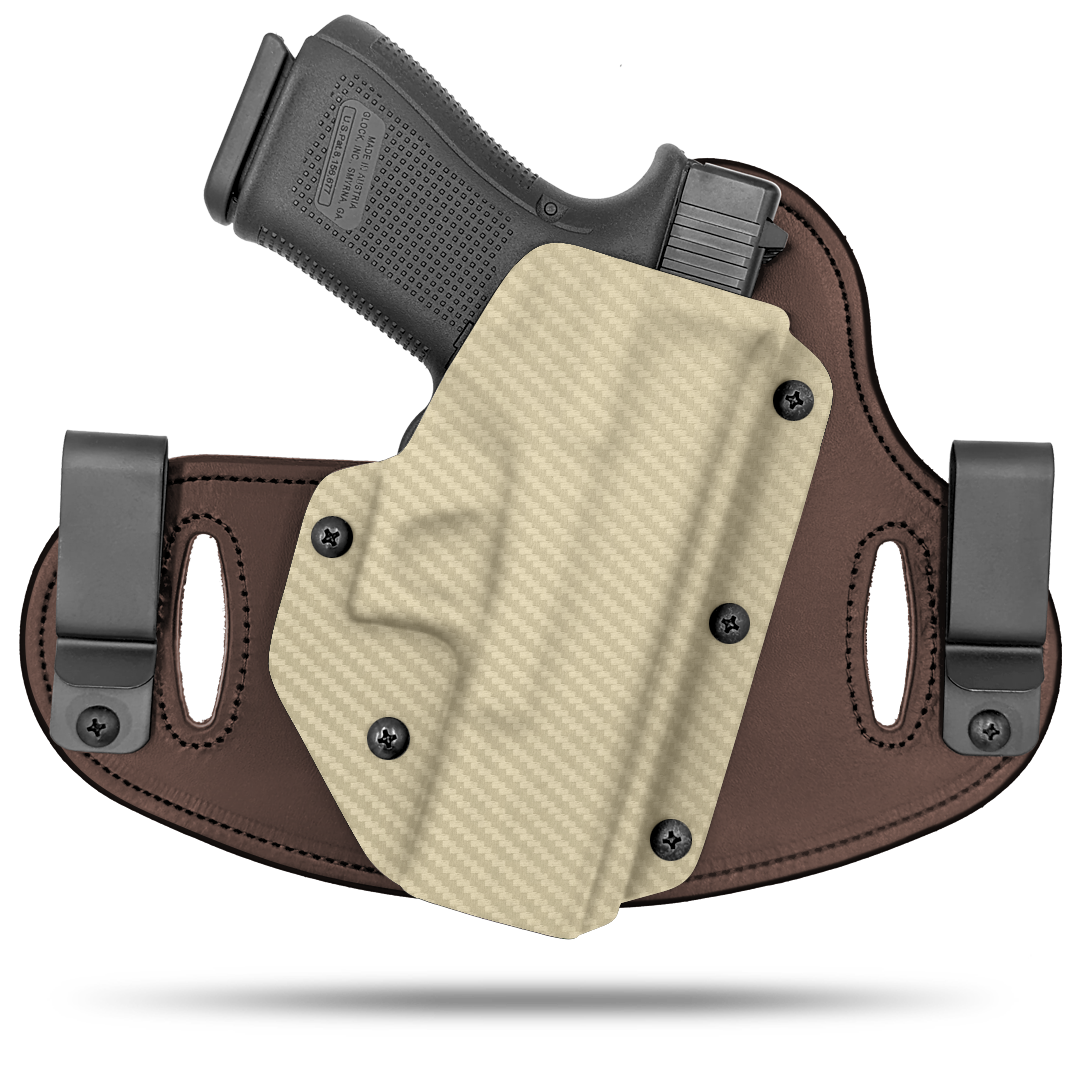 Double Clip holster can be worn inside the waistband (IWB) or outside the waistband (OWB) with a strong Kydex plastic shell and a comfy Amish made leather backer, from Hidden Hybrid Holsters.