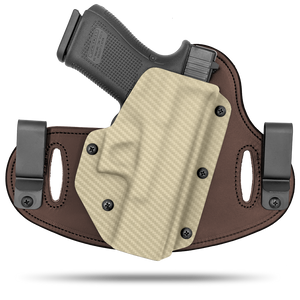 Double Clip holster can be worn inside the waistband (IWB) or outside the waistband (OWB) with a strong Kydex plastic shell and a comfy Amish made leather backer, from Hidden Hybrid Holsters.