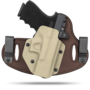 Hidden Hybrid Holsters, 2 Clip Holster, cut for a slide mounted optic, made with Amish leather for comfort on the back side of the holster and form fitting, molded kydex polymer on the front for great retention.