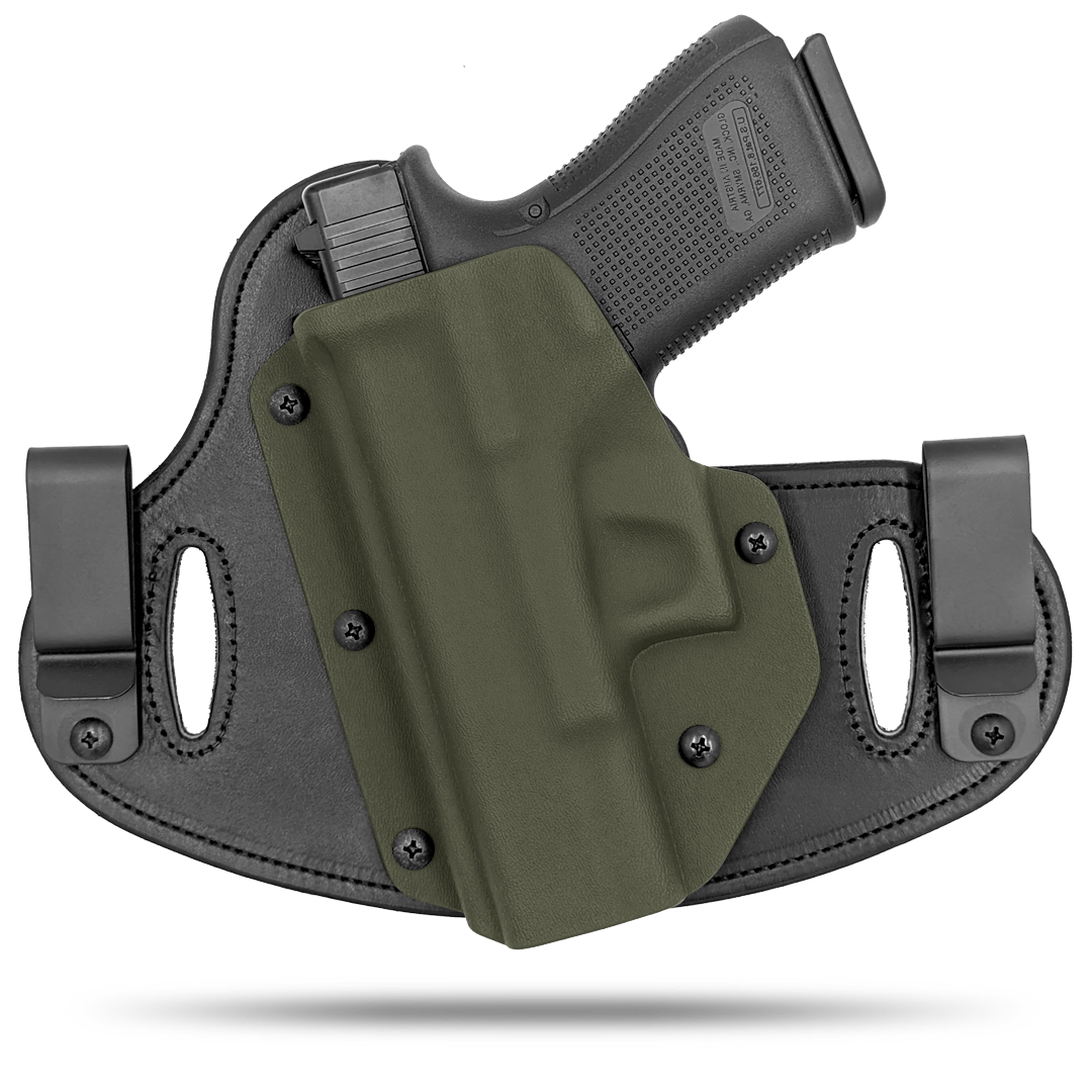 Double Clip holster can be worn inside the waistband (IWB) or outside the waistband (OWB) with a strong Kydex plastic shell and a comfy Amish made leather backer, from Hidden Hybrid Holsters. left hand