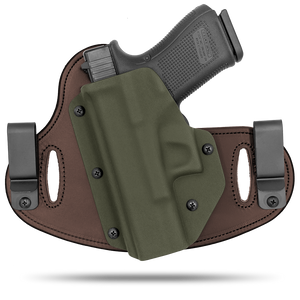 Double Clip holster can be worn inside the waistband (IWB) or outside the waistband (OWB) with a strong Kydex plastic shell and a comfy Amish made leather backer, from Hidden Hybrid Holsters. left hand