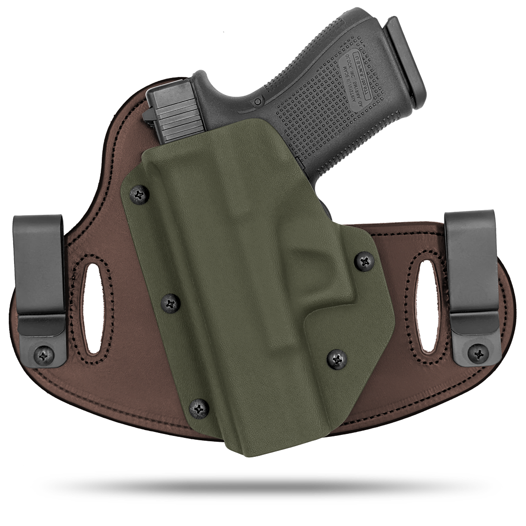 Double Clip holster can be worn inside the waistband (IWB) or outside the waistband (OWB) with a strong Kydex plastic shell and a comfy Amish made leather backer, from Hidden Hybrid Holsters. left hand