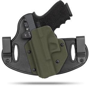 Hidden Hybrid Holsters, 2 Clip Holster, cut for a slide mounted optic, made with Amish leather for comfort on the back side of the holster and form fitting, molded kydex polymer on the front for great retention.