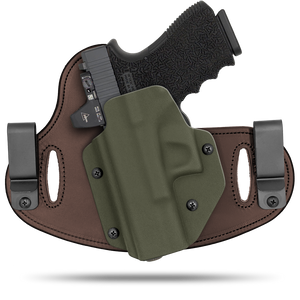 Hidden Hybrid Holsters, 2 Clip Holster, cut for a slide mounted optic, made with Amish leather for comfort on the back side of the holster and form fitting, molded kydex polymer on the front for great retention.