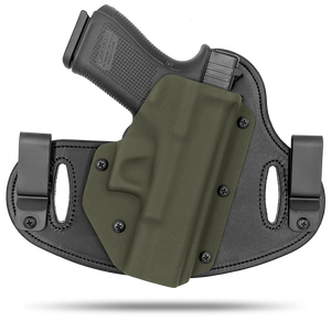 Double Clip holster can be worn inside the waistband (IWB) or outside the waistband (OWB) with a strong Kydex plastic shell and a comfy Amish made leather backer, from Hidden Hybrid Holsters.v