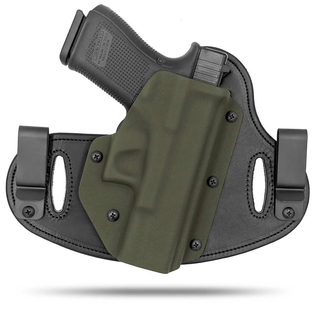 Double Clip holster can be worn inside the waistband (IWB) or outside the waistband (OWB) with a strong Kydex plastic shell and a comfy Amish made leather backer, from Hidden Hybrid Holsters.v