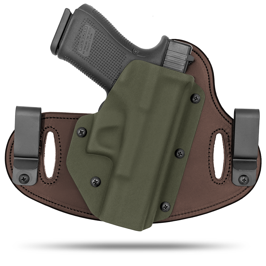 Double Clip holster can be worn inside the waistband (IWB) or outside the waistband (OWB) with a strong Kydex plastic shell and a comfy Amish made leather backer, from Hidden Hybrid Holsters.