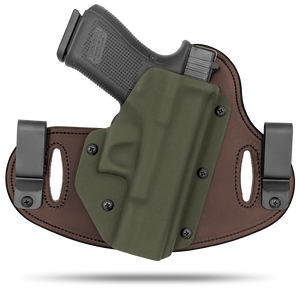 Double Clip holster can be worn inside the waistband (IWB) or outside the waistband (OWB) with a strong Kydex plastic shell and a comfy Amish made leather backer, from Hidden Hybrid Holsters.