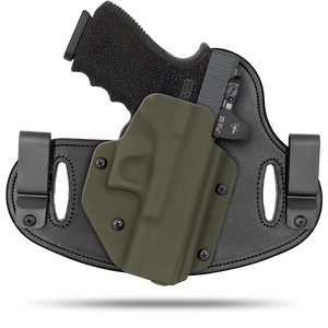 Hidden Hybrid Holsters, 2 Clip Holster, cut for a slide mounted optic, made with Amish leather for comfort on the back side of the holster and form fitting, molded kydex polymer on the front for great retention.