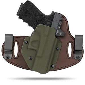 Hidden Hybrid Holsters, 2 Clip Holster, cut for a slide mounted optic, made with Amish leather for comfort on the back side of the holster and form fitting, molded kydex polymer on the front for great retention.