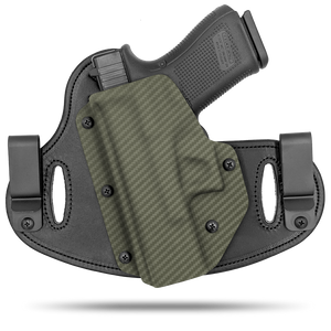 Double Clip holster can be worn inside the waistband (IWB) or outside the waistband (OWB) with a strong Kydex plastic shell and a comfy Amish made leather backer, from Hidden Hybrid Holsters. left hand