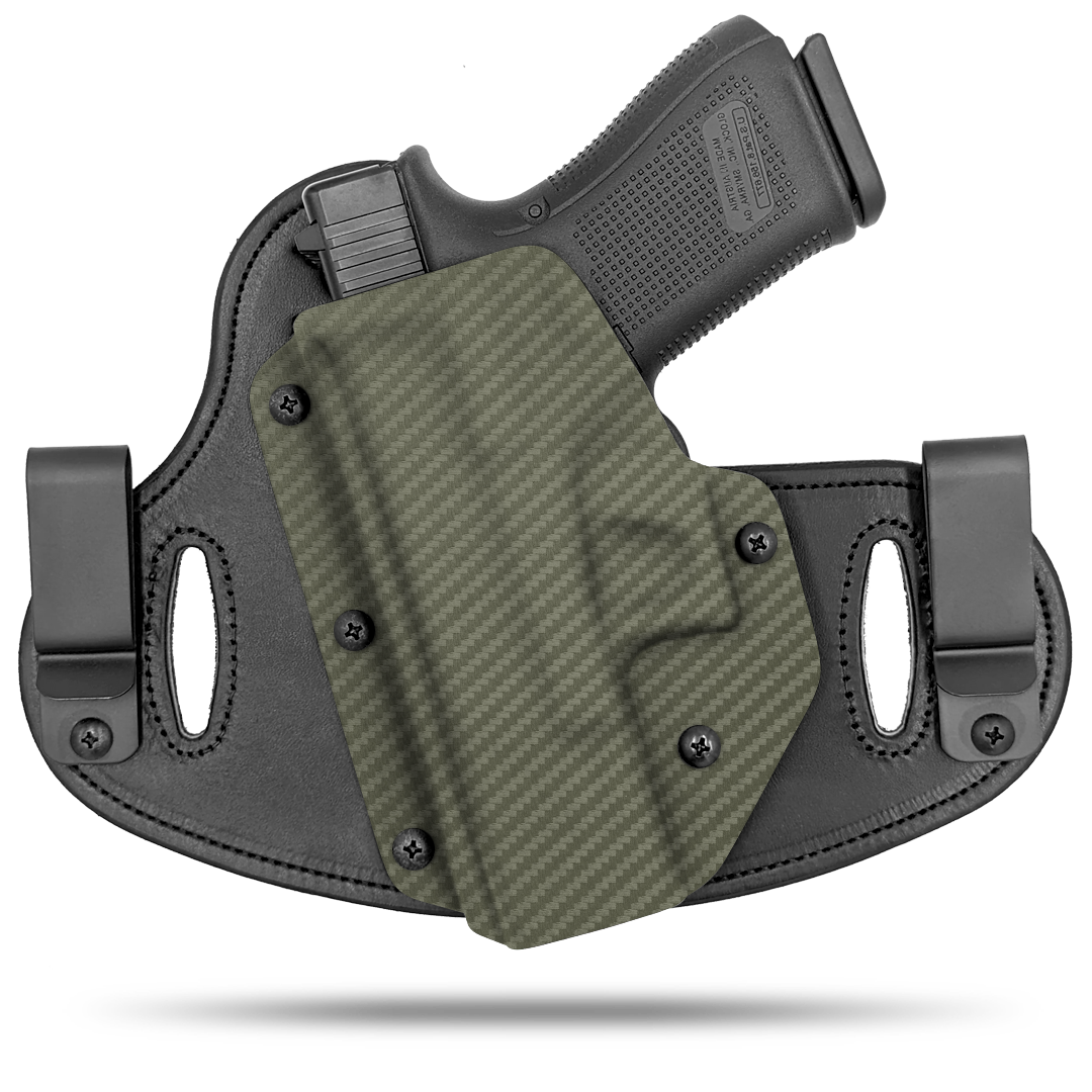 Double Clip holster can be worn inside the waistband (IWB) or outside the waistband (OWB) with a strong Kydex plastic shell and a comfy Amish made leather backer, from Hidden Hybrid Holsters. left hand