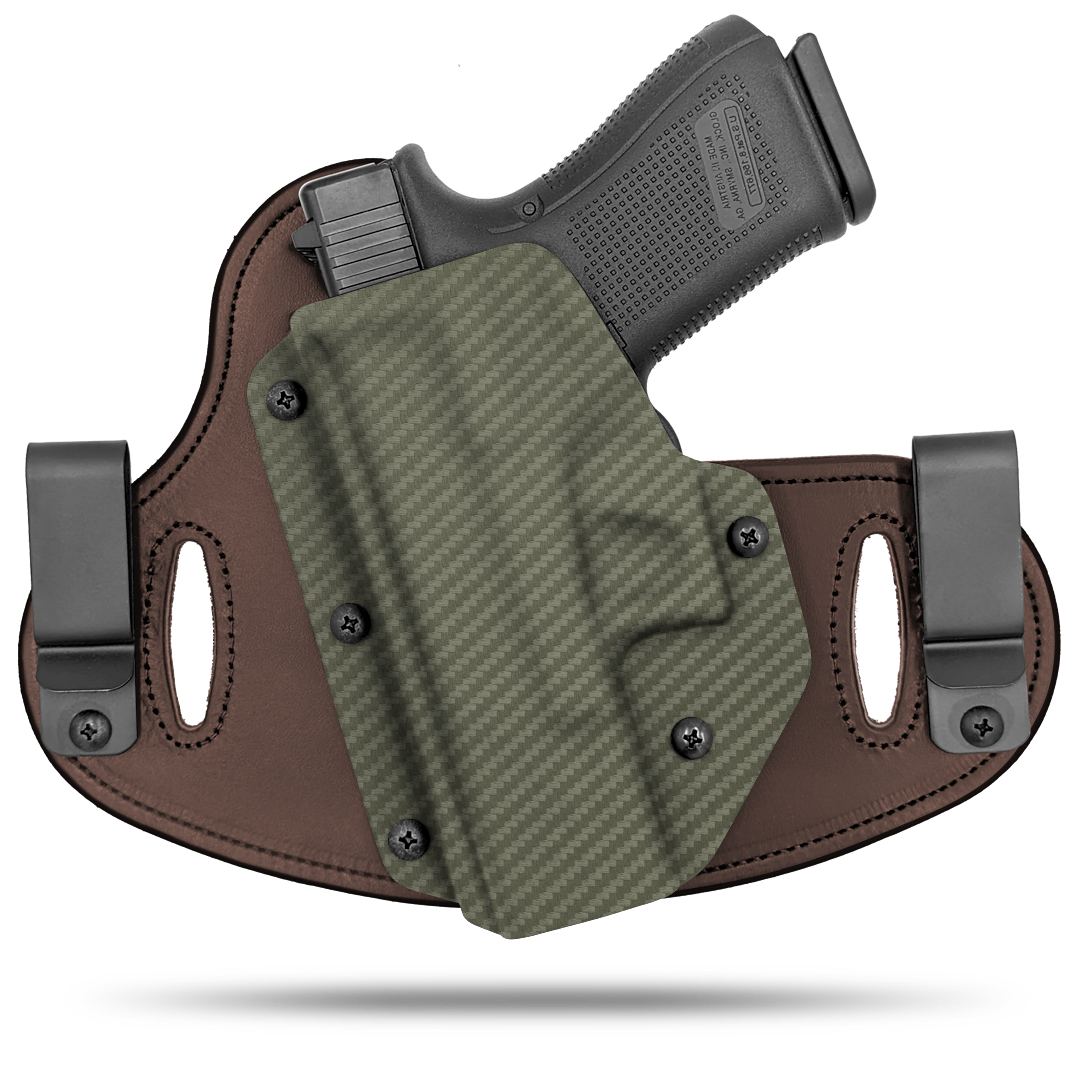 Double Clip holster can be worn inside the waistband (IWB) or outside the waistband (OWB) with a strong Kydex plastic shell and a comfy Amish made leather backer, from Hidden Hybrid Holsters. left hand