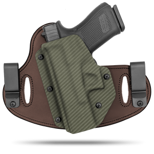 Double Clip holster can be worn inside the waistband (IWB) or outside the waistband (OWB) with a strong Kydex plastic shell and a comfy Amish made leather backer, from Hidden Hybrid Holsters. left hand