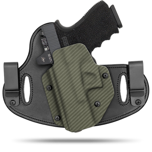 Hidden Hybrid Holsters, 2 Clip Holster, cut for a slide mounted optic, made with Amish leather for comfort on the back side of the holster and form fitting, molded kydex polymer on the front for great retention.