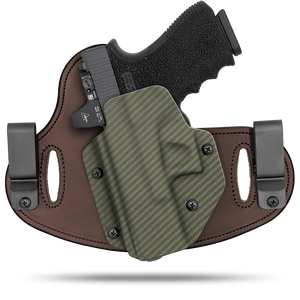 Hidden Hybrid Holsters, 2 Clip Holster, cut for a slide mounted optic, made with Amish leather for comfort on the back side of the holster and form fitting, molded kydex polymer on the front for great retention.