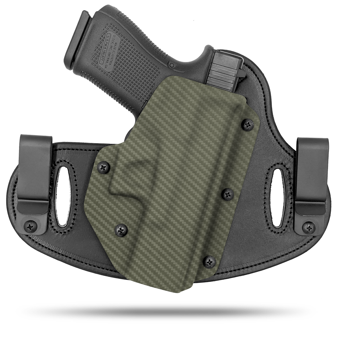 Double Clip holster can be worn inside the waistband (IWB) or outside the waistband (OWB) with a strong Kydex plastic shell and a comfy Amish made leather backer, from Hidden Hybrid Holsters.