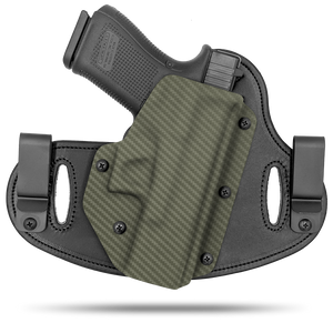 Double Clip holster can be worn inside the waistband (IWB) or outside the waistband (OWB) with a strong Kydex plastic shell and a comfy Amish made leather backer, from Hidden Hybrid Holsters.