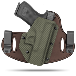 Double Clip holster can be worn inside the waistband (IWB) or outside the waistband (OWB) with a strong Kydex plastic shell and a comfy Amish made leather backer, from Hidden Hybrid Holsters.