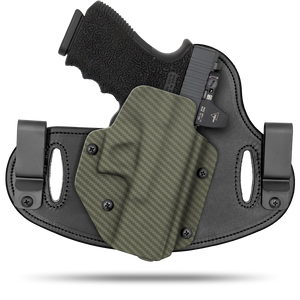 Hidden Hybrid Holsters, 2 Clip Holster, cut for a slide mounted optic, made with Amish leather for comfort on the back side of the holster and form fitting, molded kydex polymer on the front for great retention.