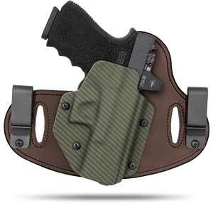 Hidden Hybrid Holsters, 2 Clip Holster, cut for a slide mounted optic, made with Amish leather for comfort on the back side of the holster and form fitting, molded kydex polymer on the front for great retention.