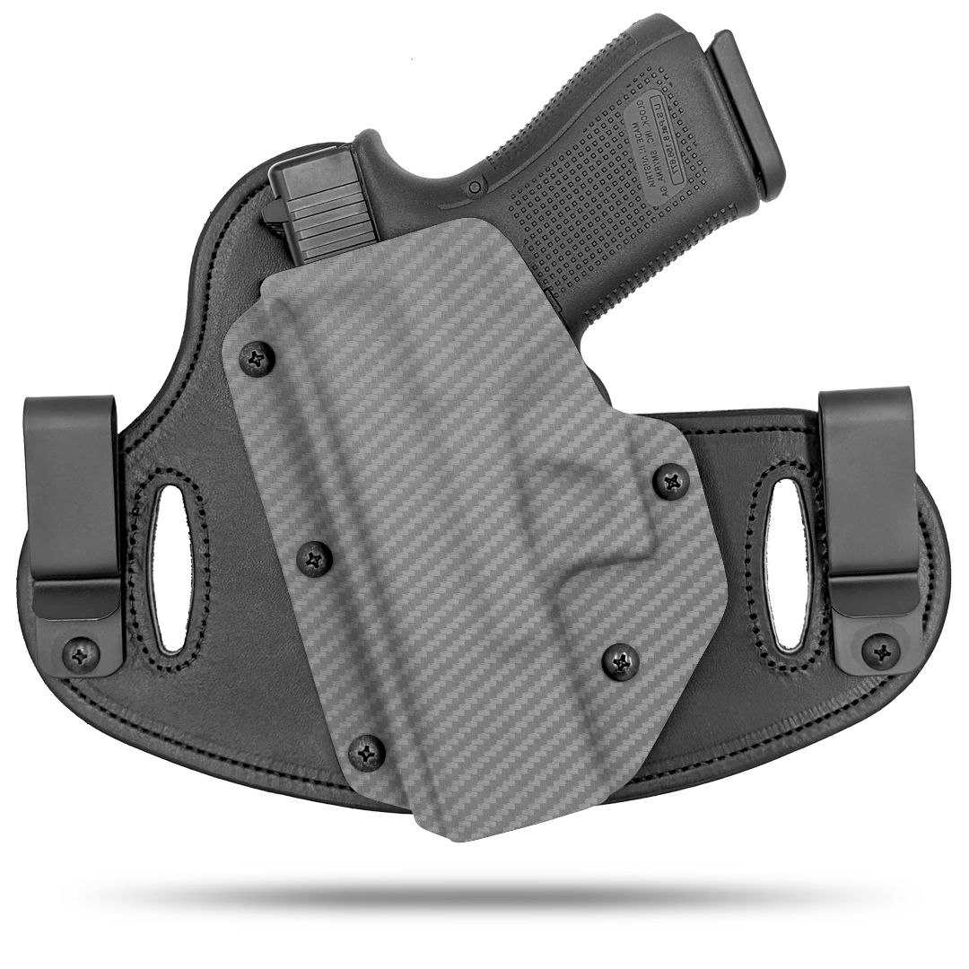 Double Clip holster can be worn inside the waistband (IWB) or outside the waistband (OWB) with a strong Kydex plastic shell and a comfy Amish made leather backer, from Hidden Hybrid Holsters.