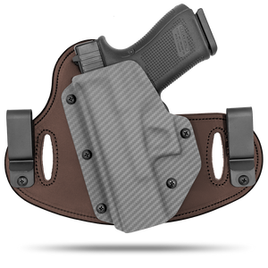 Double Clip holster can be worn inside the waistband (IWB) or outside the waistband (OWB) with a strong Kydex plastic shell and a comfy Amish made leather backer, from Hidden Hybrid Holsters.