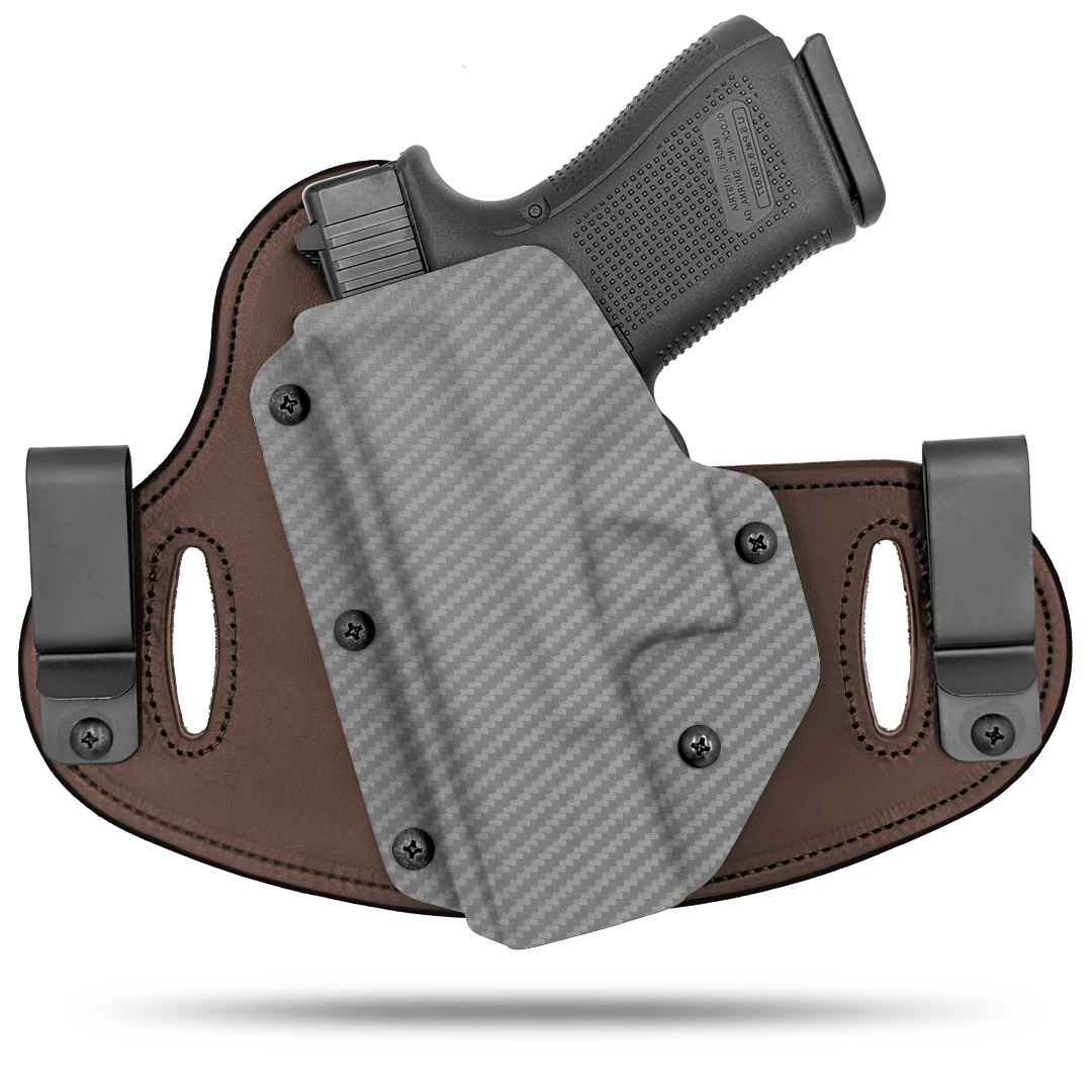 Double Clip holster can be worn inside the waistband (IWB) or outside the waistband (OWB) with a strong Kydex plastic shell and a comfy Amish made leather backer, from Hidden Hybrid Holsters.