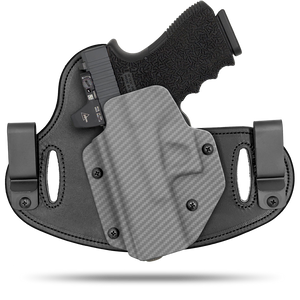 Hidden Hybrid Holsters, 2 Clip Holster, cut for a slide mounted optic, made with Amish leather for comfort on the back side of the holster and form fitting, molded kydex polymer on the front for great retention.