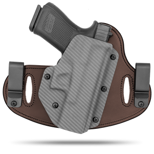 Double Clip holster can be worn inside the waistband (IWB) or outside the waistband (OWB) with a strong Kydex plastic shell and a comfy Amish made leather backer, from Hidden Hybrid Holsters.