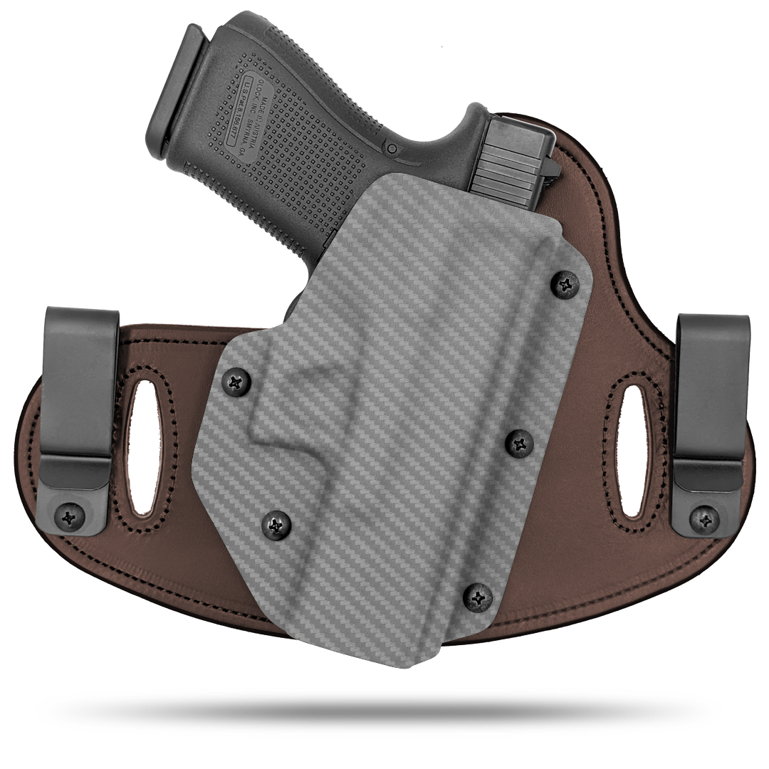 Double Clip holster can be worn inside the waistband (IWB) or outside the waistband (OWB) with a strong Kydex plastic shell and a comfy Amish made leather backer, from Hidden Hybrid Holsters.