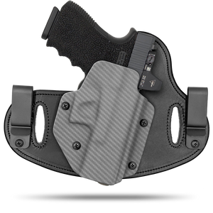 Hidden Hybrid Holsters, 2 Clip Holster, cut for a slide mounted optic, made with Amish leather for comfort on the back side of the holster and form fitting, molded kydex polymer on the front for great retention.