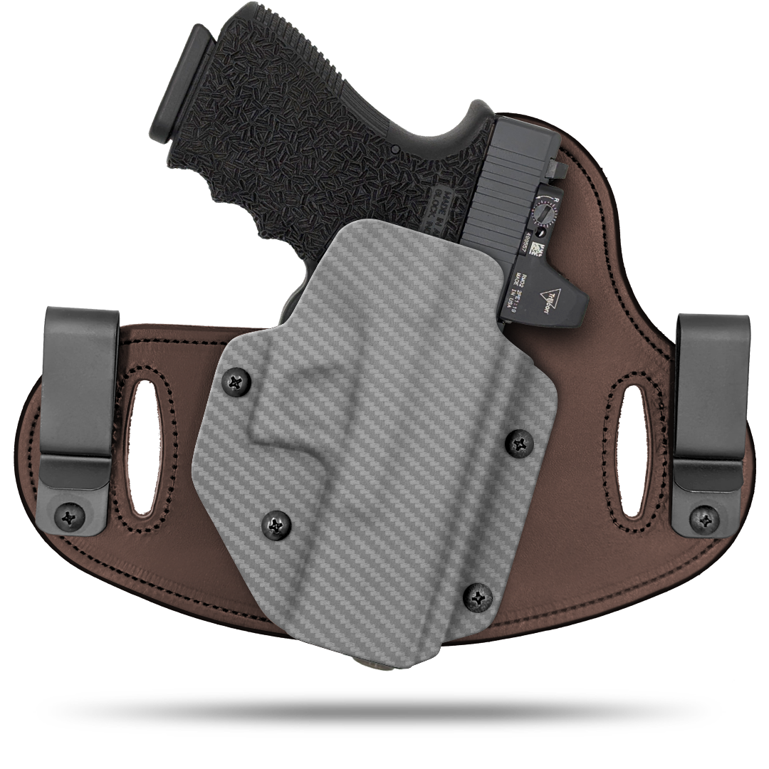 Hidden Hybrid Holsters, 2 Clip Holster, cut for a slide mounted optic, made with Amish leather for comfort on the back side of the holster and form fitting, molded kydex polymer on the front for great retention.