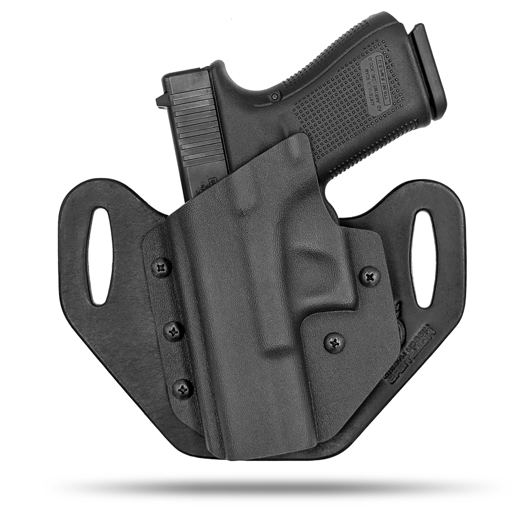 HIdden Hybrid Holsters, OWB, Outside the Waistband Holster made from quality leather and Kydex to provide comfort and retention. Left hand draw.